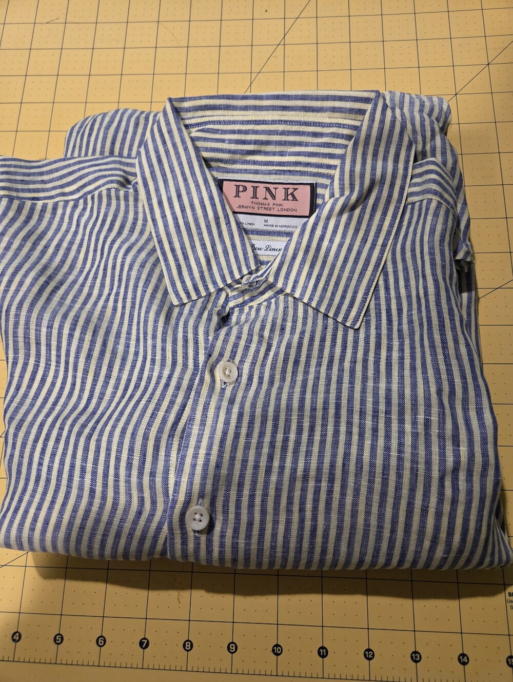 Blue/Yellow Striped Business Casual Shirt Medium 100% Linen Thomas Pink Luxury